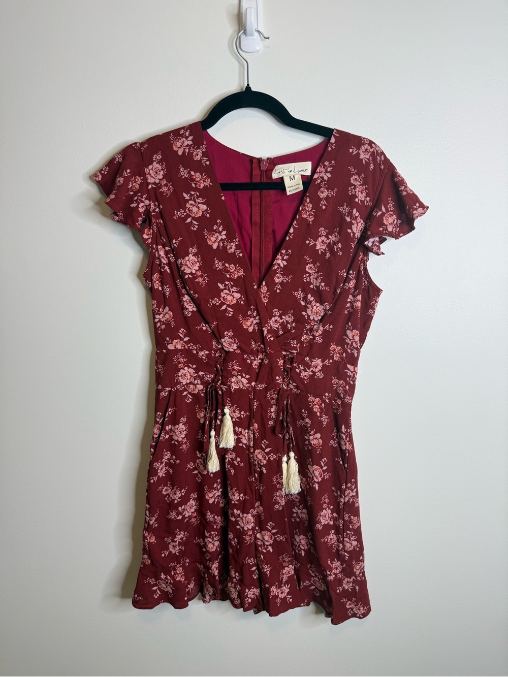 Lost in lunar Floral Romper in red lace up fringe size medium western